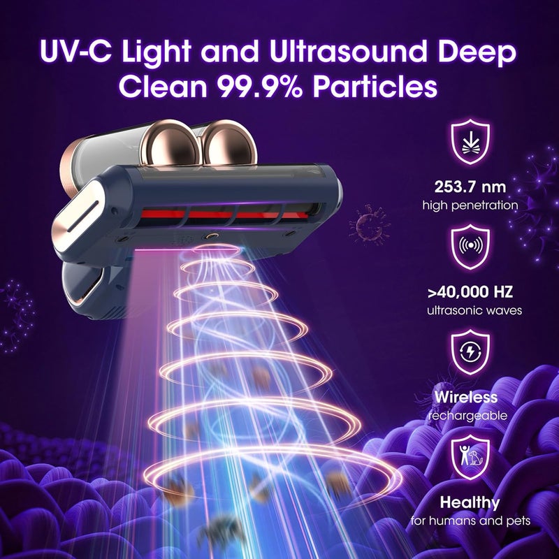 XIAOLANG Bed Mattress Vacuum Cleaner Cordless 16Kpa Handheld Vacuum, Vacuum Cleaner with 253.7nm UV-C Light,HEPA Filter & Ultrasonic, Portable Vacuums for Sofa Couch Crib Birthday Gifts for women blue+gold - Image 3
